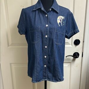 Details Great Quality Shirts Medium Denim Embroidered Shirt Kokopelli design EUC
